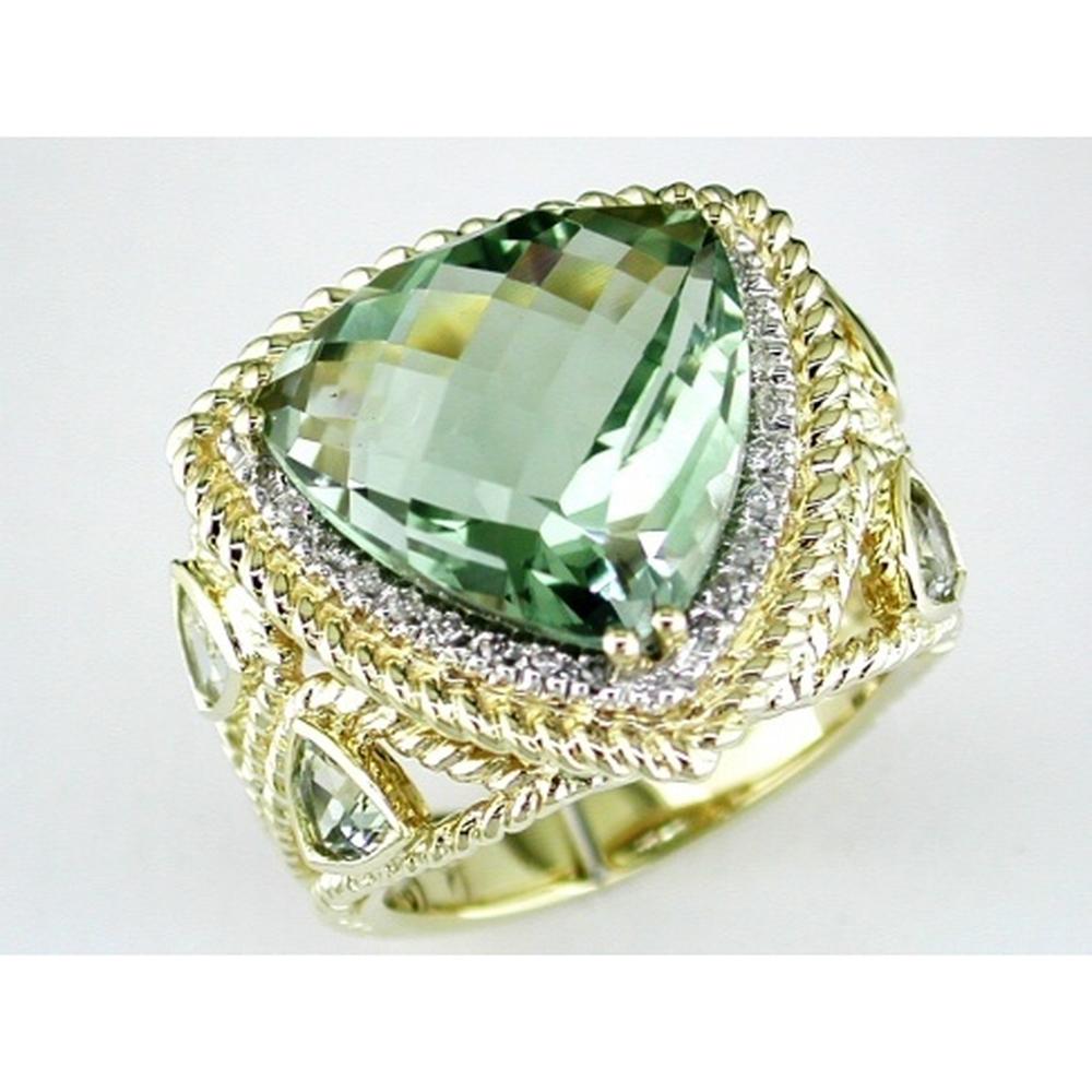 Royal 14K Yellow Gold Diamond & Green Amethyst Trillion Ring - 12.16 Carat Total Gem Weight