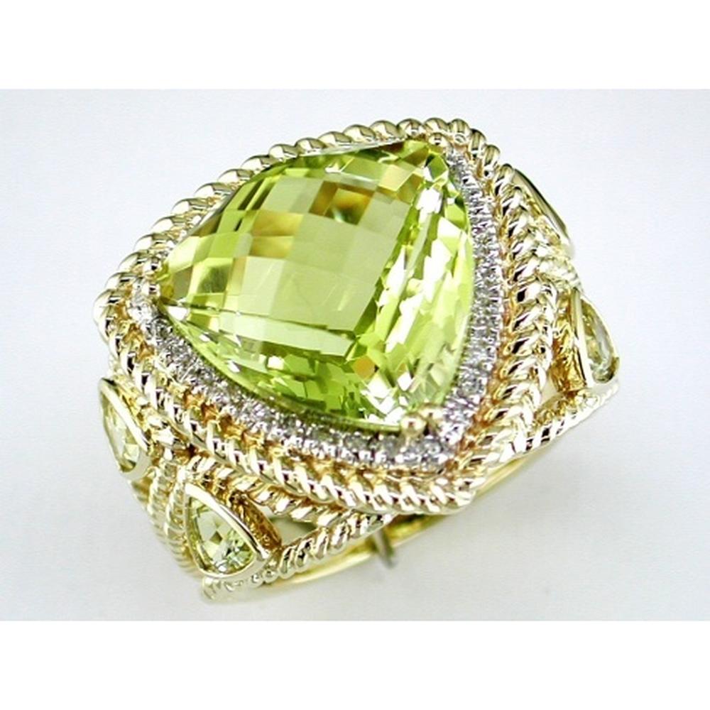 Royal 14K Yellow Gold Diamond & Lemon Quartz Trillion Cut Ring - 12.00 Carats Lemon Quartz, 0.16 Carats Diamond Total Weight