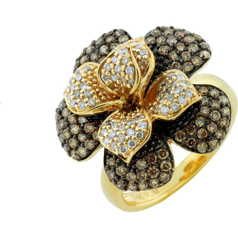 Royal 14K Yellow Gold Diamond & Mocha Diamond Oval Flower Ring - 1.25 Carat Total Diamond Weight