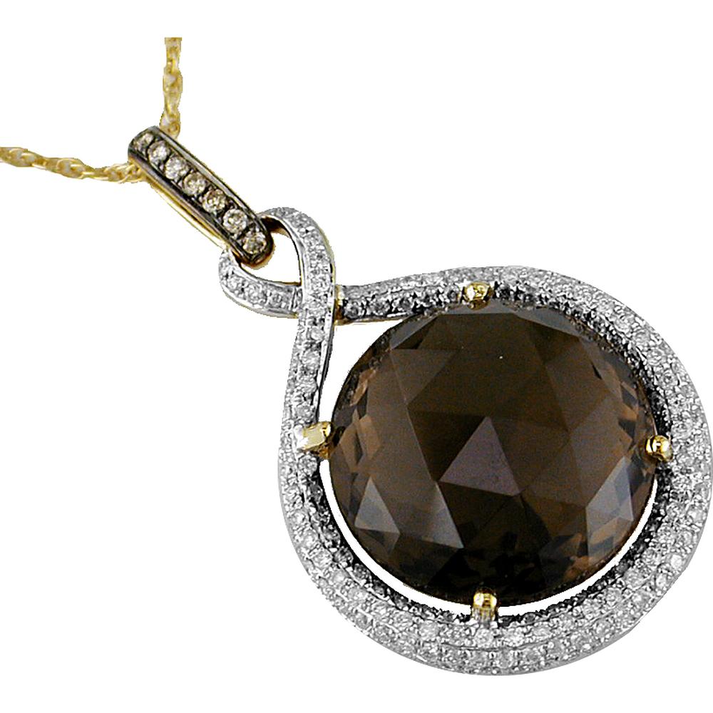 Royal 14K Yellow Gold Diamond and Smoky Quartz Circle Pendant - 65 PT Diamond, 13.95 Carat Smoky Quartz