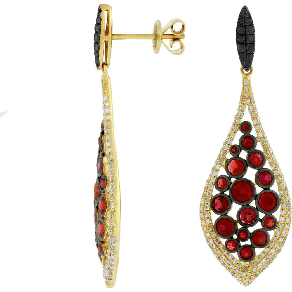 Royal 14K Yellow Gold Diamond, Black Diamond & Ruby Statement Earrings - Exquisite Luxury