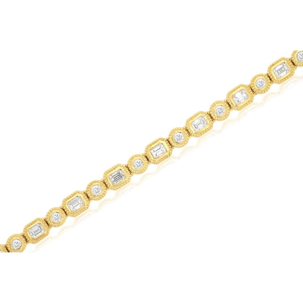Royal 14K Yellow Gold Diamond Bracelet with Alternating Emerald Cut and Round Diamonds - 1.4 Carats Total Diamond Weight