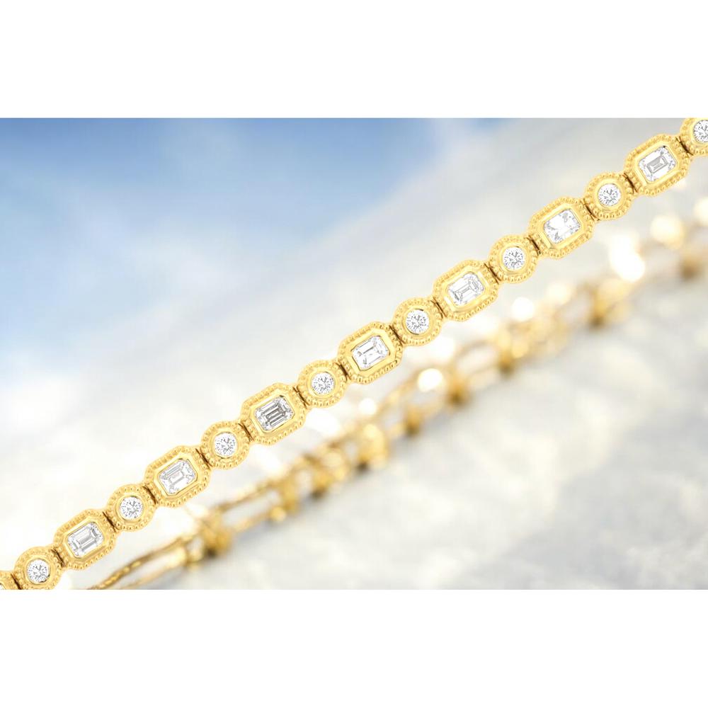 Royal 14K Yellow Gold Diamond Bracelet with Alternating Emerald Cut and Round Diamonds - 1.4 Carats Total Diamond Weight