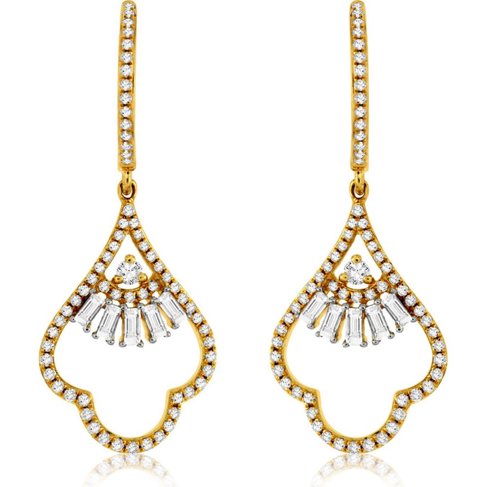 Royal 14K Yellow Gold Diamond Drop Earrings with Baguette Diamonds - 0.73 Carats Total Diamond Weight