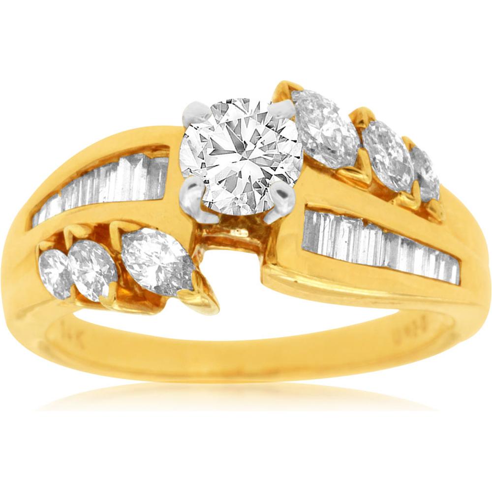 Royal 14K Yellow Gold Diamond Engagement Ring with Baguette and Round Diamonds - 1.16 Carat Total Diamond Weight