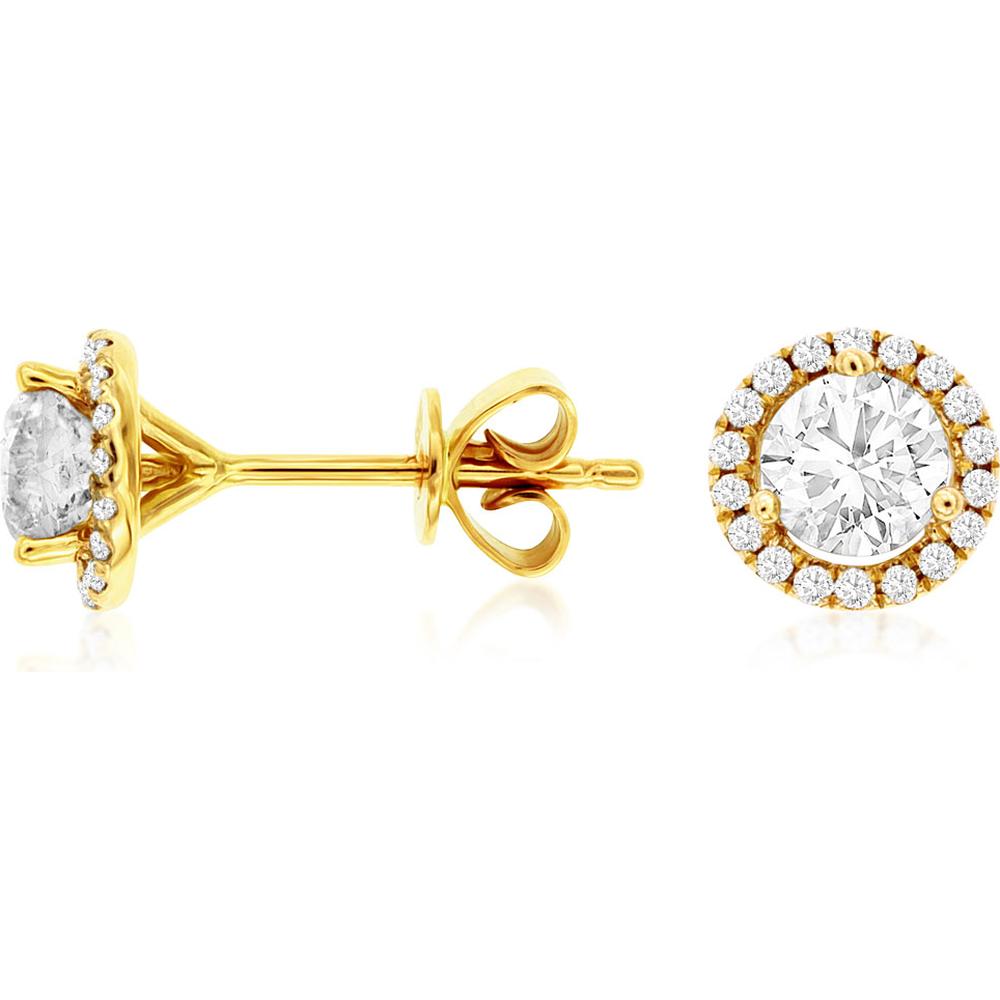 Royal 14K Yellow Gold Diamond Halo Stud Earrings with Round Diamonds - 1.00 Carats Total Diamond Weight