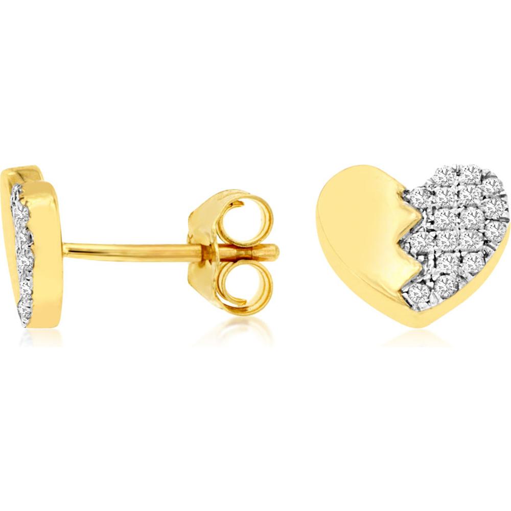 Royal 14K Yellow Gold Diamond Heart Earrings with Pavé Diamonds - 0.15 Carats Total Diamond Weight