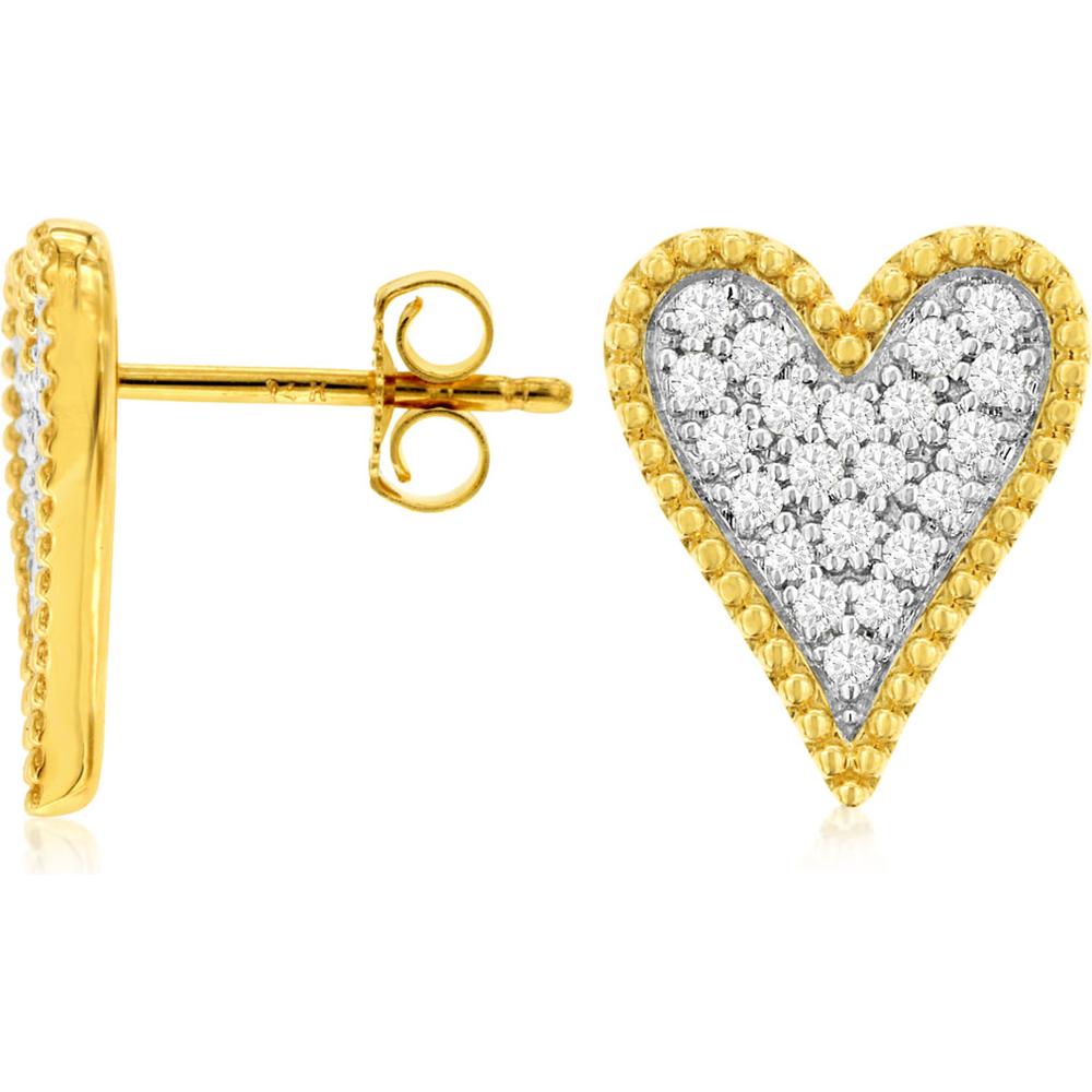 Royal 14K Yellow Gold Diamond Heart Stud Earrings with Milgrain Detail - 0.41 Carat Total Diamond Weight