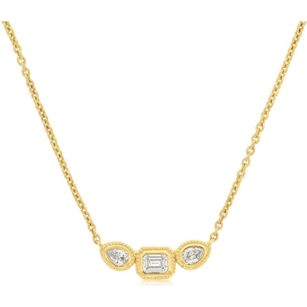 Royal 14K Yellow Gold Diamond Necklace with Bezel Set Emerald and Pear Shape Diamonds - 0.36 Carats Total Diamond Weight