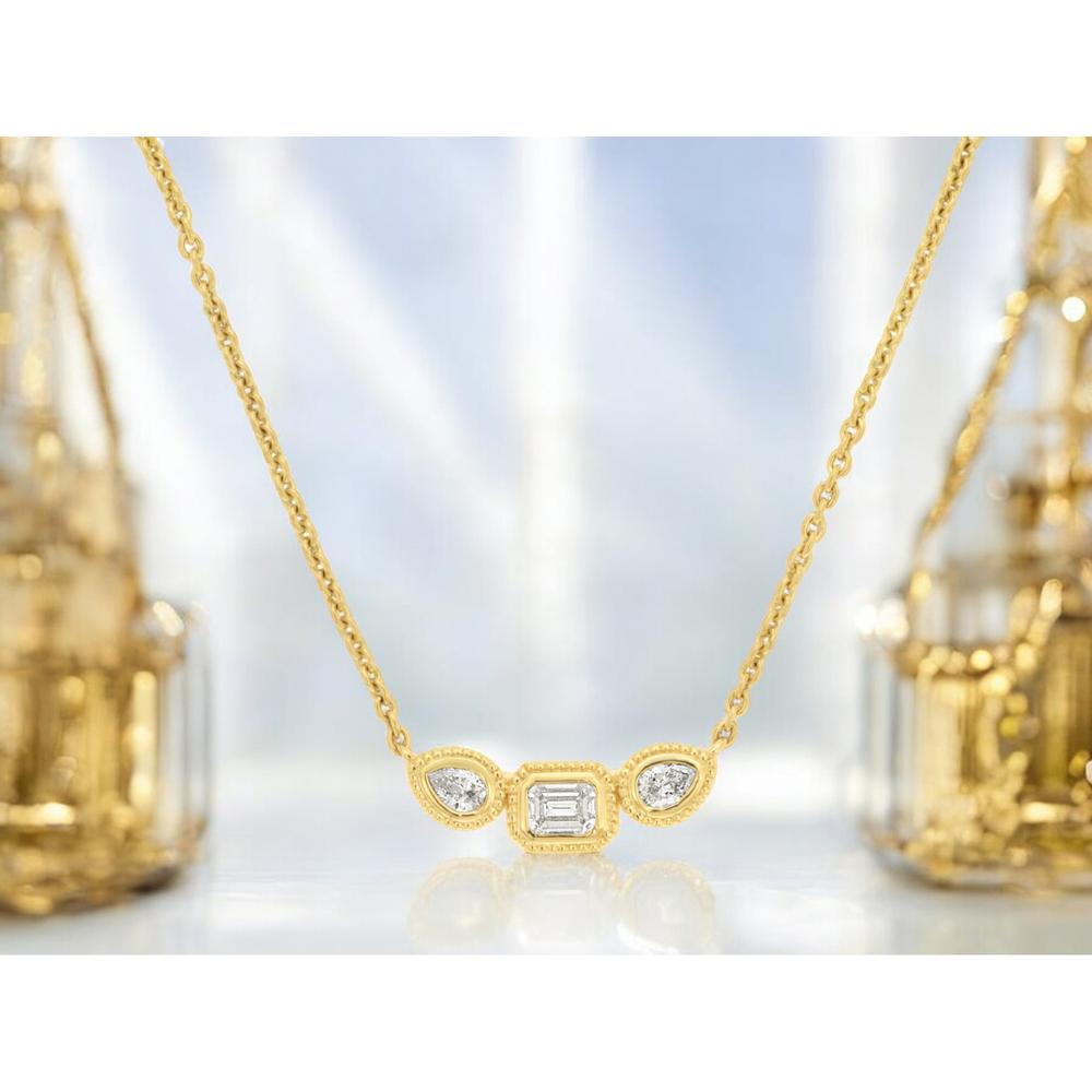 Royal 14K Yellow Gold Diamond Necklace with Bezel Set Emerald and Pear Shape Diamonds - 0.36 Carats Total Diamond Weight