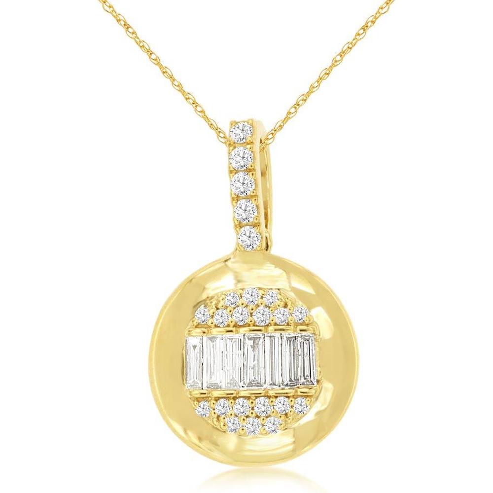 Royal 14K Yellow Gold Diamond Pendant with Baguette and Round Diamonds - 0.28 Carats Total Diamond Weight