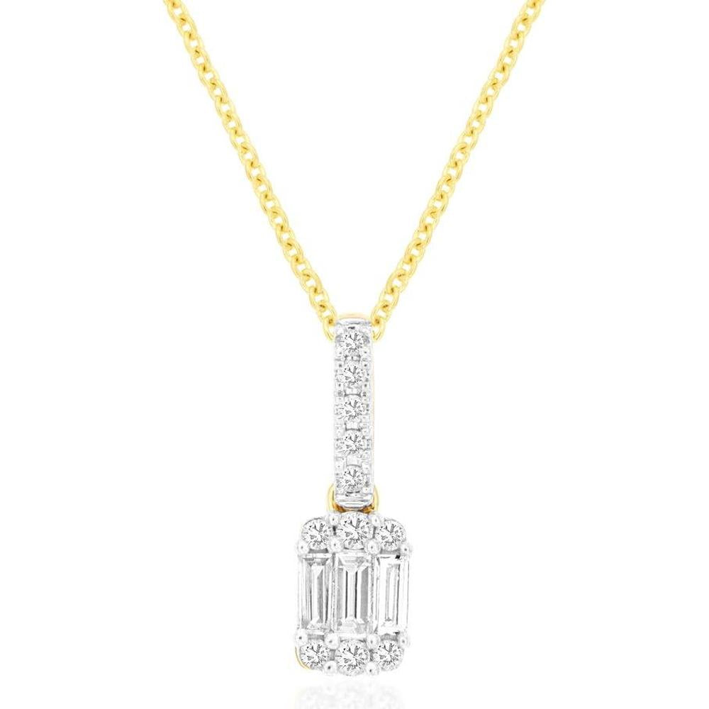 Royal 14K Yellow Gold Diamond Pendant with Emerald Cut Center and Round Diamond Halo - 0.14 Carats Total Diamond Weight