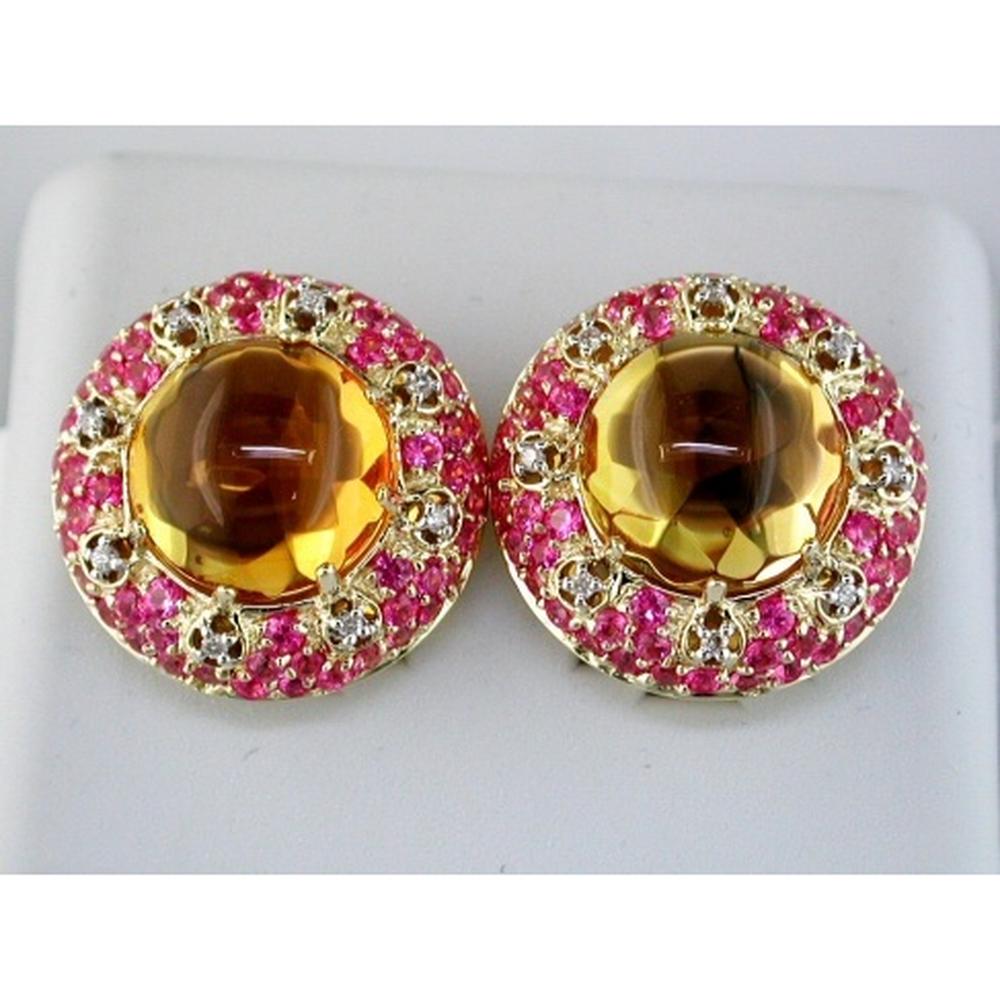 Royal 14K Yellow Gold Diamond, Pink Sapphire & Citrine Earrings - 13.00 Carat Center Stone