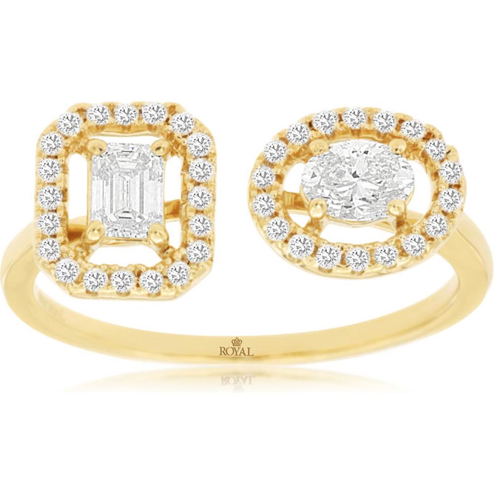 Royal 14K Yellow Gold Diamond Ring with Emerald and Oval Cuts - 0.58 Carats Total Diamond Weight