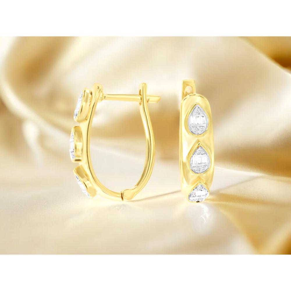Royal 14K Yellow Gold Diamond Teardrop Earrings with Baguette and Round Brilliant Diamonds - 0.20 Carats Total Diamond Weight