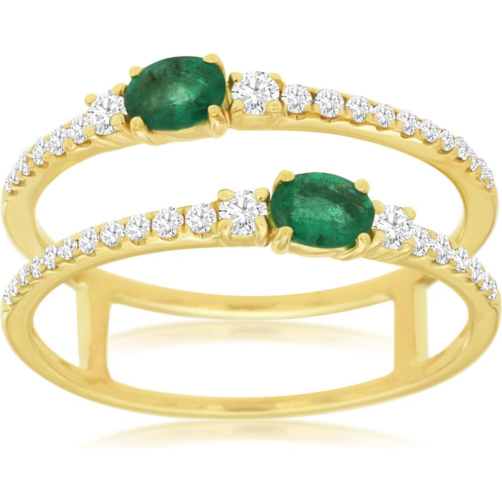 Royal 14K Yellow Gold Double Band Ring with Oval Emeralds and Diamonds - 0.60 Carat Total Gem Weight