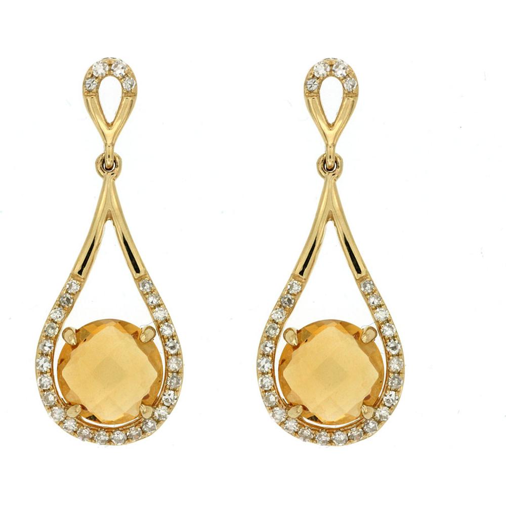Royal 14K Yellow Gold Drop Earrings with 1.65 Carat Round Citrine and 0.22 Carat Diamond Halo