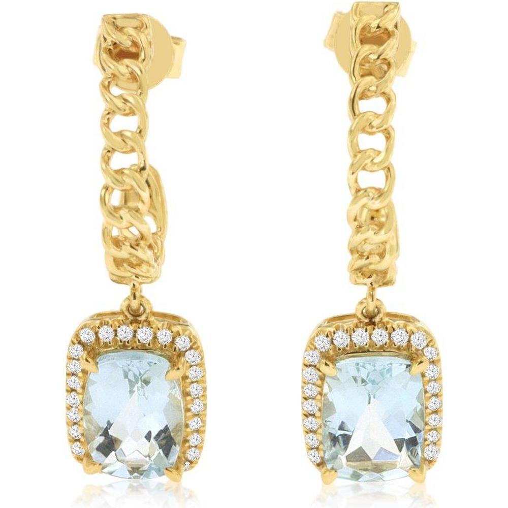 Royal 14K Yellow Gold Drop Earrings with Aquamarine and Diamond Halo - 1.50 Carat Aquamarine and 0.15 Carat Diamond Total Weight