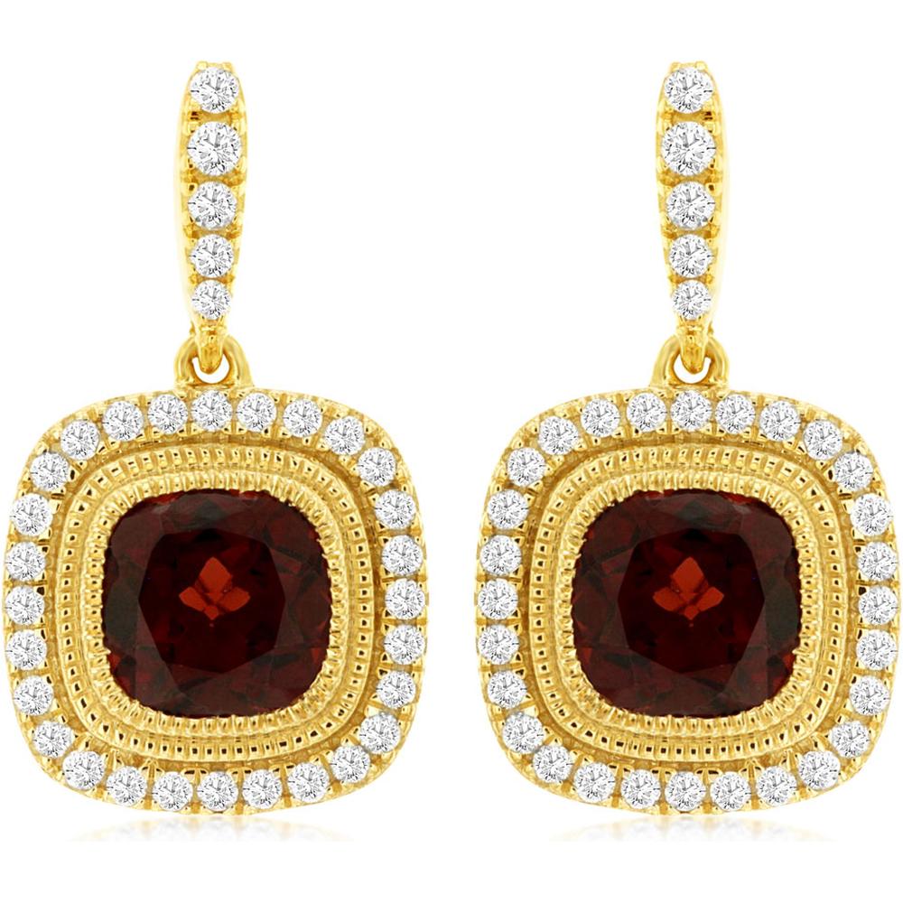 Royal 14K Yellow Gold Drop Earrings with Cushion Cut Garnet and Diamond Halo - 2.40 Carat Garnet and 0.38 Carat Diamond