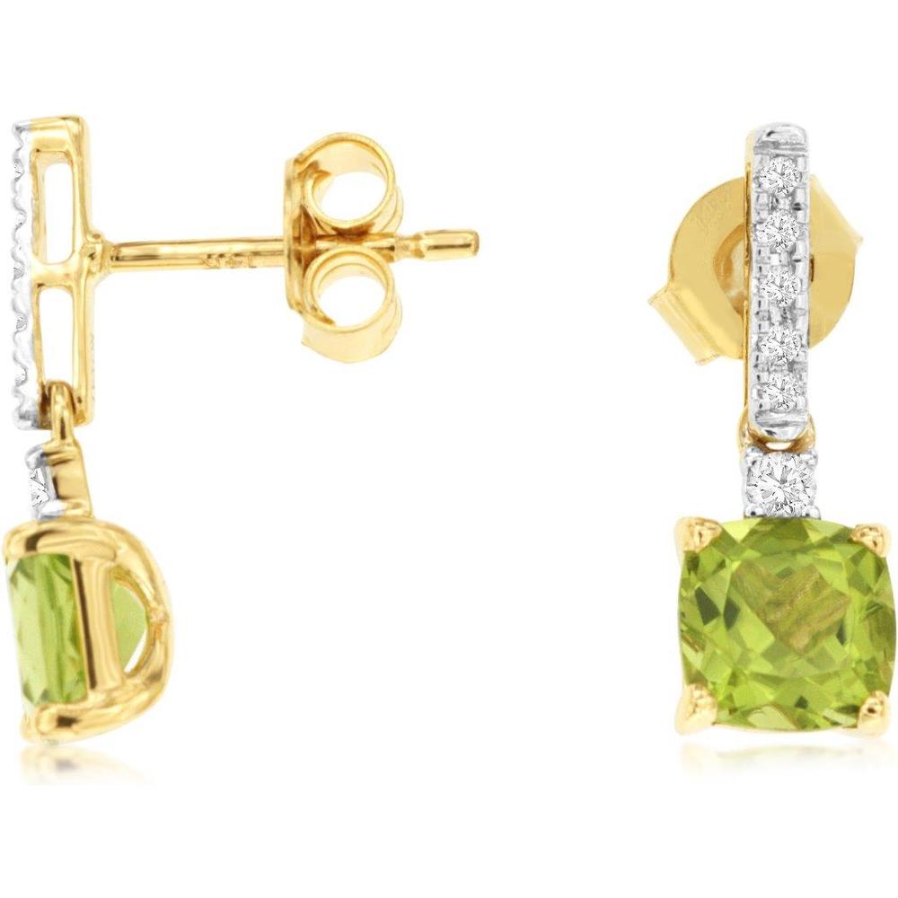 Royal 14K Yellow Gold Drop Earrings with Cushion Cut Peridot and Pave-Set Diamonds - 2.20 Carat Peridot, 0.14 Carat Diamond Total Weight