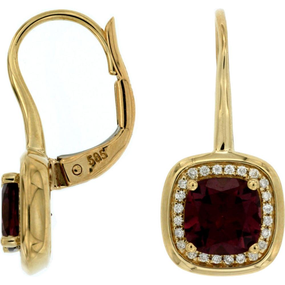 Royal 14K Yellow Gold Drop Earrings with Cushion Cut Rhodolite and Diamond Halo - 2.40 Carat Rhodolite, 0.15 Carat Total Diamond Weight