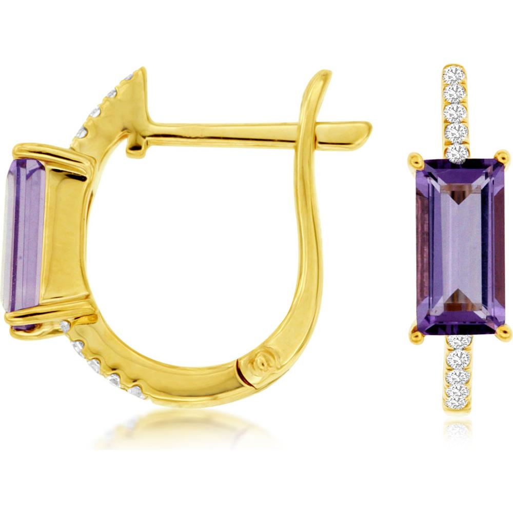 Royal 14K Yellow Gold Drop Earrings with Emerald-Cut Amethyst and Diamond Accents - 1.00 Carat Amethyst, 0.08 Carat Total Diamond Weight