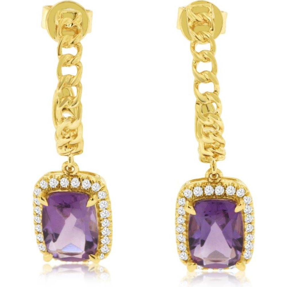 Royal 14K Yellow Gold Drop Earrings with Halo Set Amethyst and Diamonds - 1.63 Carat Total Gem Weight