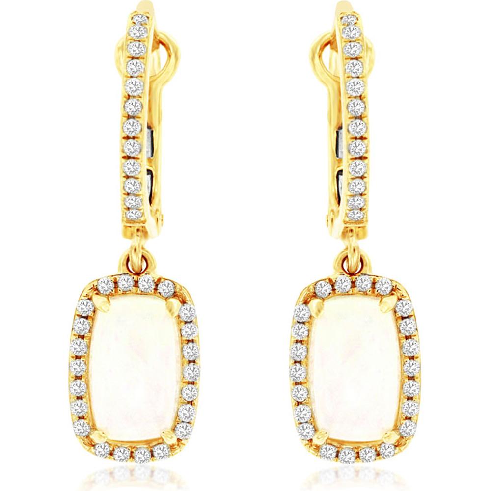 Royal 14K Yellow Gold Drop Earrings with Opal and Diamond Halo - 0.70 Carat Opal and 0.13 Carat Diamond Total Weight