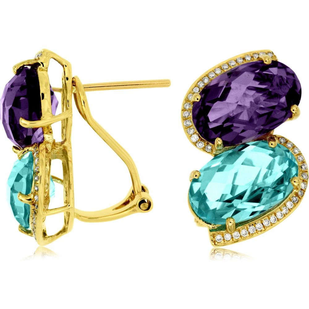 Royal 14K Yellow Gold Drop Earrings with Oval Blue Topaz and Amethyst - 16.5 Carats Total Gemstone Weight