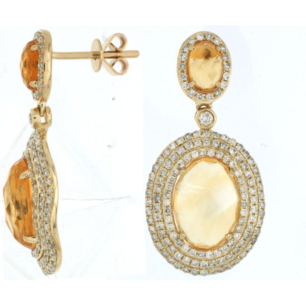 Royal 14K Yellow Gold Drop Earrings with Oval Citrine - 6.00 Carat Total Gem Weight and Diamond Halo - 1.05 Carat Total Diamond Weight