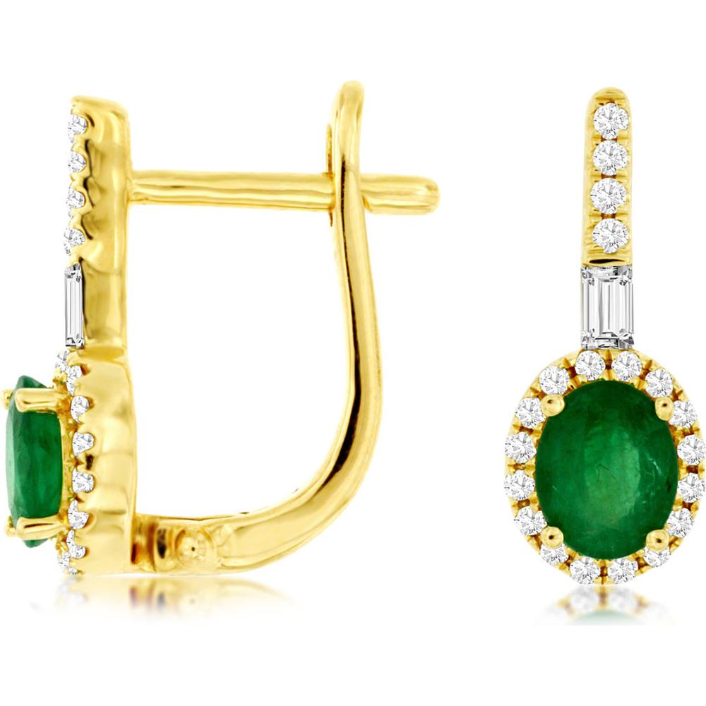 Royal 14K Yellow Gold Drop Earrings with Oval Emeralds and Diamond Halos - 0.70 Carat Total Emerald Weight, 0.20 Carat Total Diamond Weight