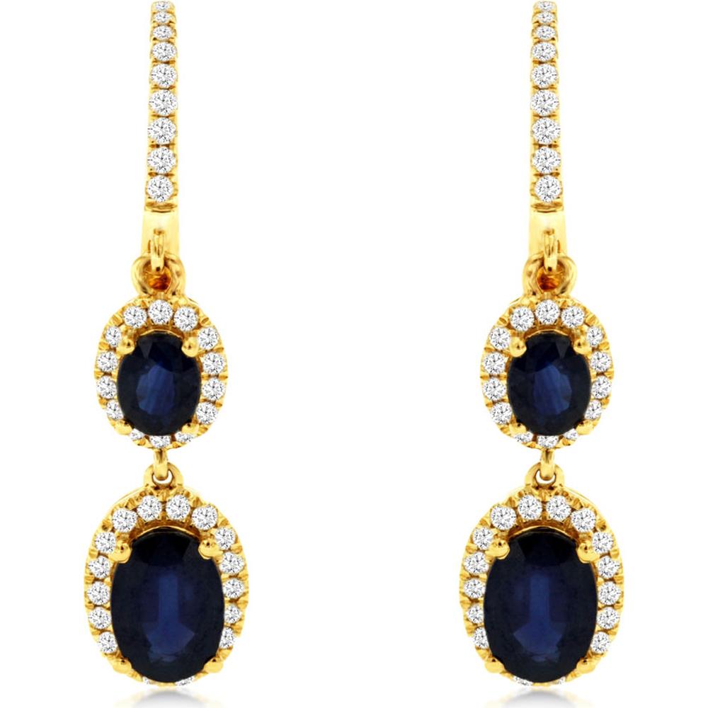 Royal 14K Yellow Gold Drop Earrings with Oval Sapphires and Diamond Halo - 0.30 Carat Total Diamond Weight, 1.76 Carat Total Sapphire Weight