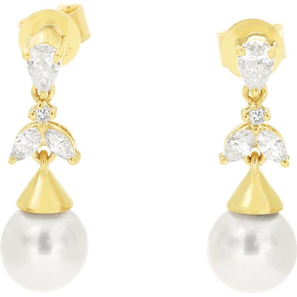 Royal 14K Yellow Gold Drop Earrings with Pear-Shaped and Round Diamonds - 0.37 Carat Total Diamond Weight and Pearls