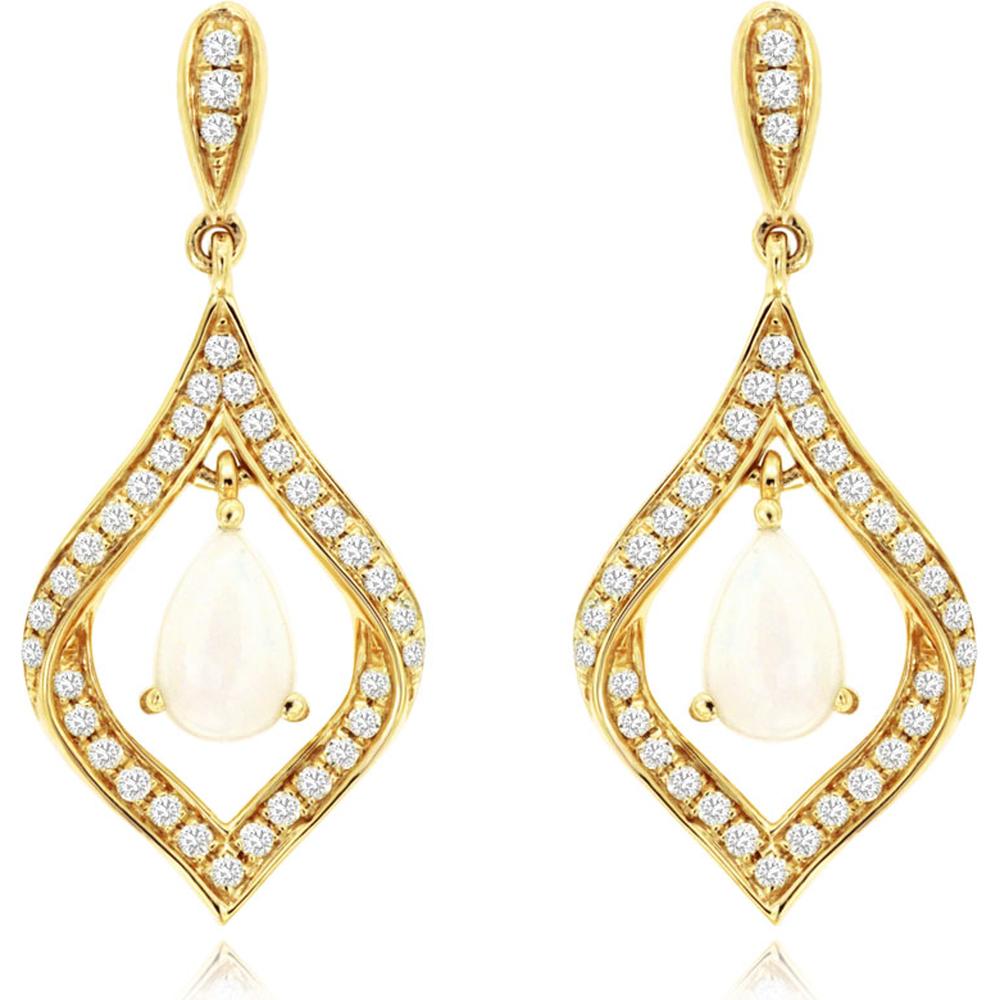 Royal 14K Yellow Gold Drop Earrings with Pear-Shaped Opal and Round Diamonds - 0.50 Carat Opal, 0.29 Carat Diamond