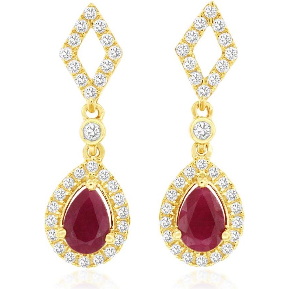 Royal 14K Yellow Gold Drop Earrings with Pear-Shaped Rubies and Diamond Halo - 2.10 Carats Total Gem Weight