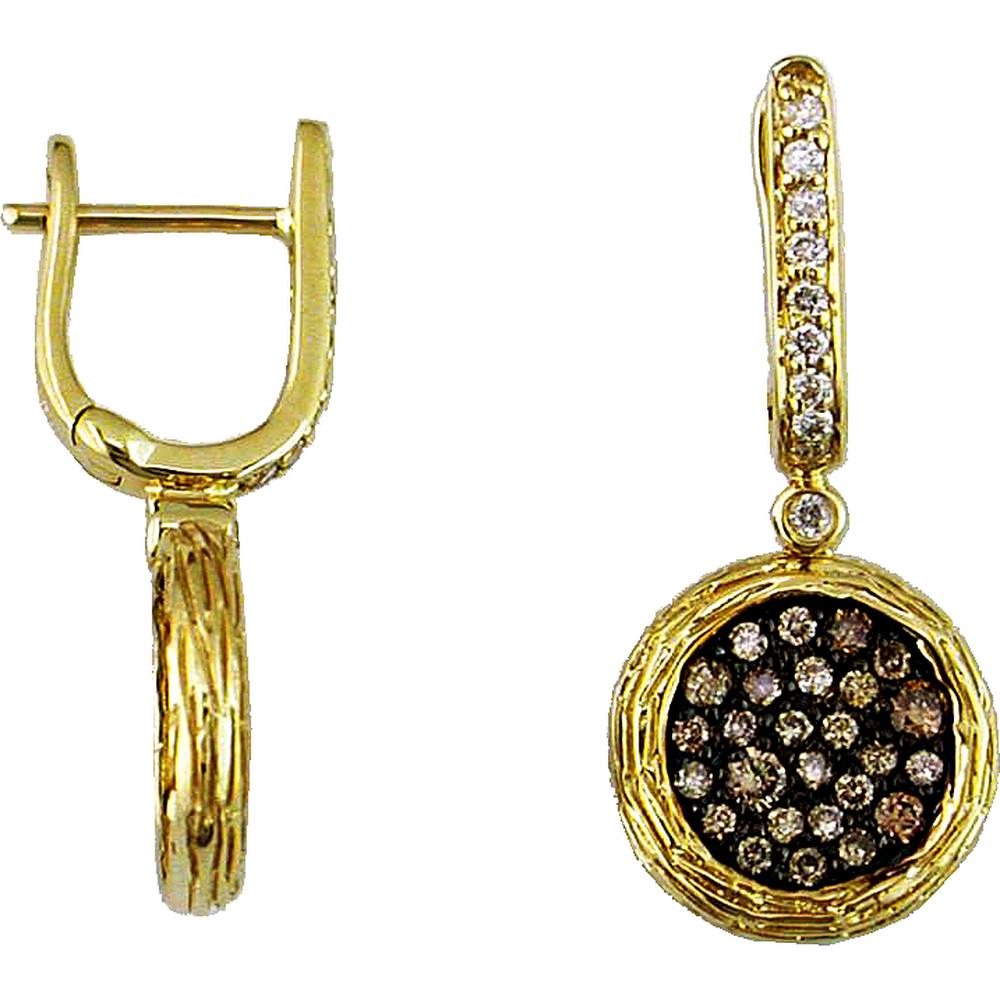 Royal 14K Yellow Gold Drop Earrings with Round Diamonds and Mocha Diamond Accent - 0.76 Carats Total Diamond Weight