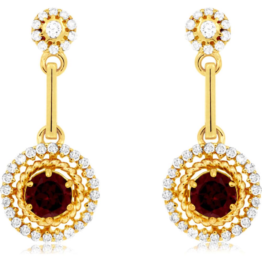 Royal 14K Yellow Gold Drop Earrings with Round Rhodolite and Diamond Halo - 0.70 Carat Rhodolite, 0.30 Carat Total Diamond Weight