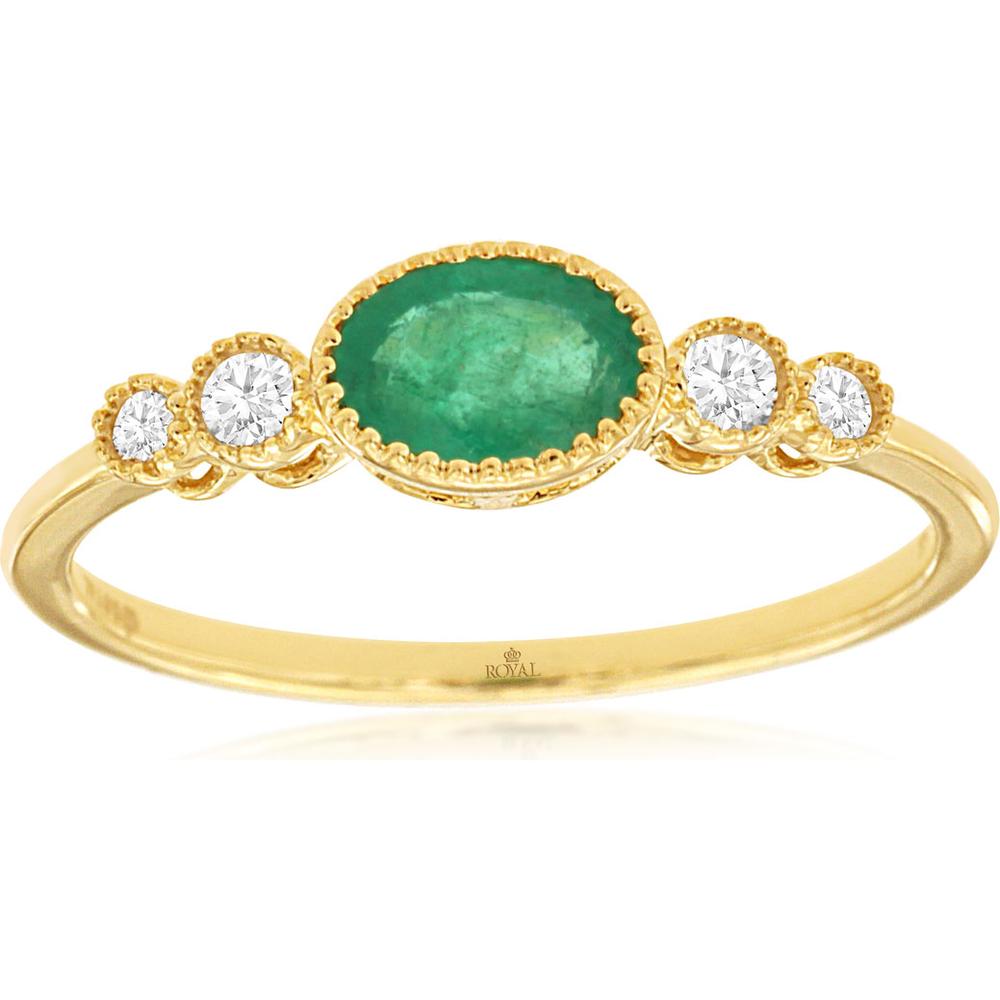 Royal 14K Yellow Gold Emerald & Diamond 3-Stone Ring with 0.44 Carats Emerald and 0.09 Carats Total Diamond Weight