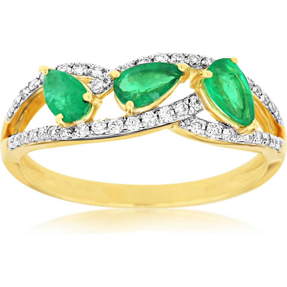 Royal 14K Yellow Gold Emerald & Diamond 3-Stone Ring with Pear-Shaped Emeralds - 0.60 Carats Total Emerald Weight, 0.21 Carats Total Diamond Weight