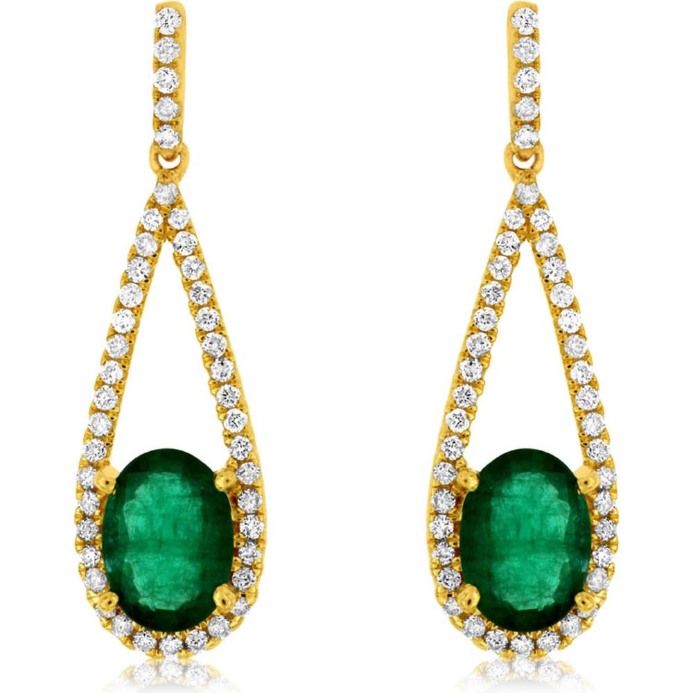 Royal 14K Yellow Gold Emerald and Diamond Drop Earrings - 1.40 Carat Emerald, 0.35 Carat Diamond Total Weight