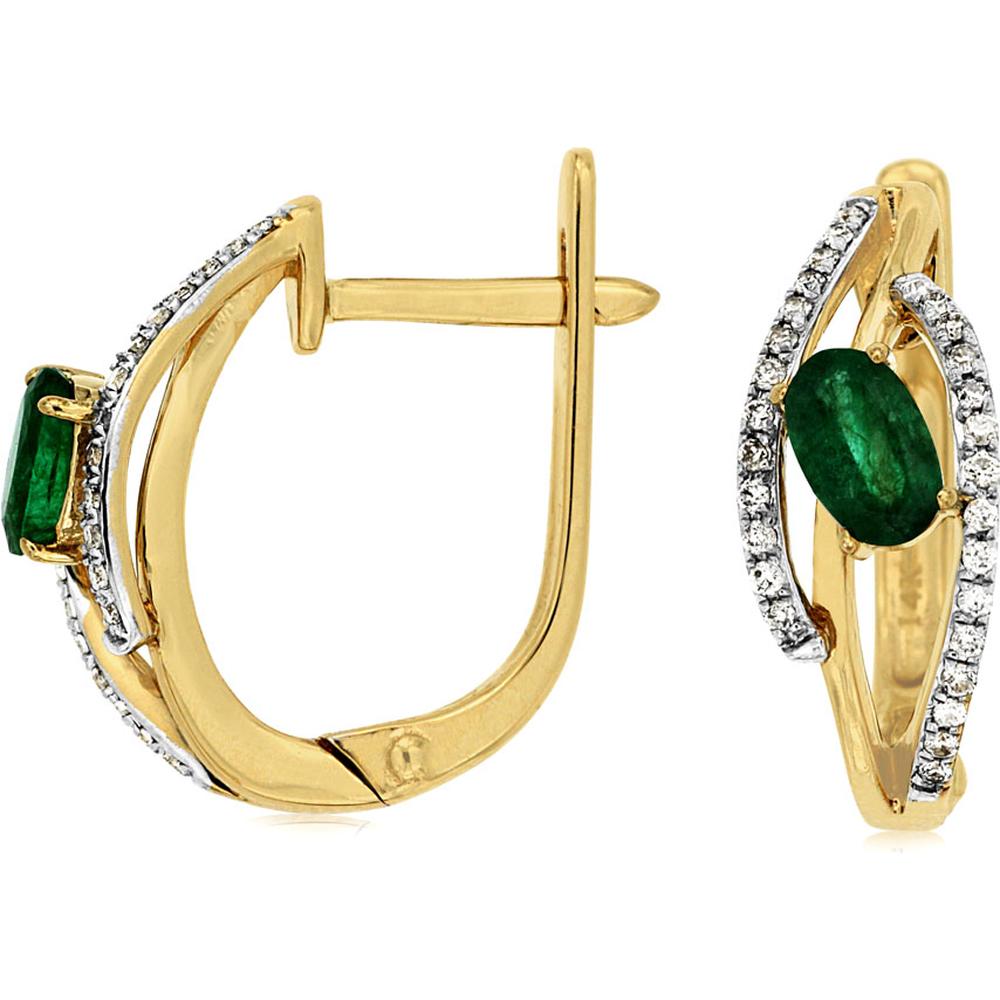 Royal 14K Yellow Gold Emerald & Diamond Drop Earrings with Oval Emerald - 1.00 Carats Total Emerald Weight, 0.32 Carats Total Diamond Weight