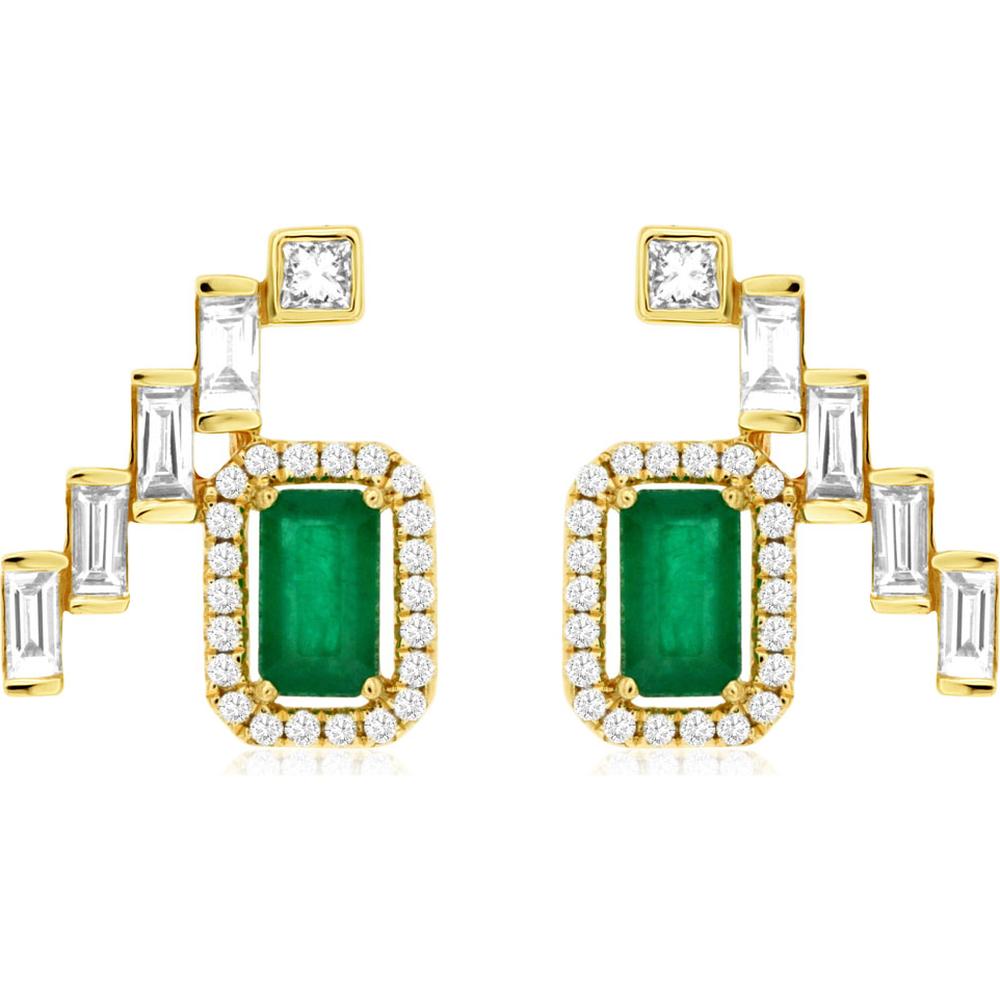 Royal 14K Yellow Gold Emerald & Diamond Earrings - 0.56 Carat Emerald, 0.12 Carat Diamond Total Weight