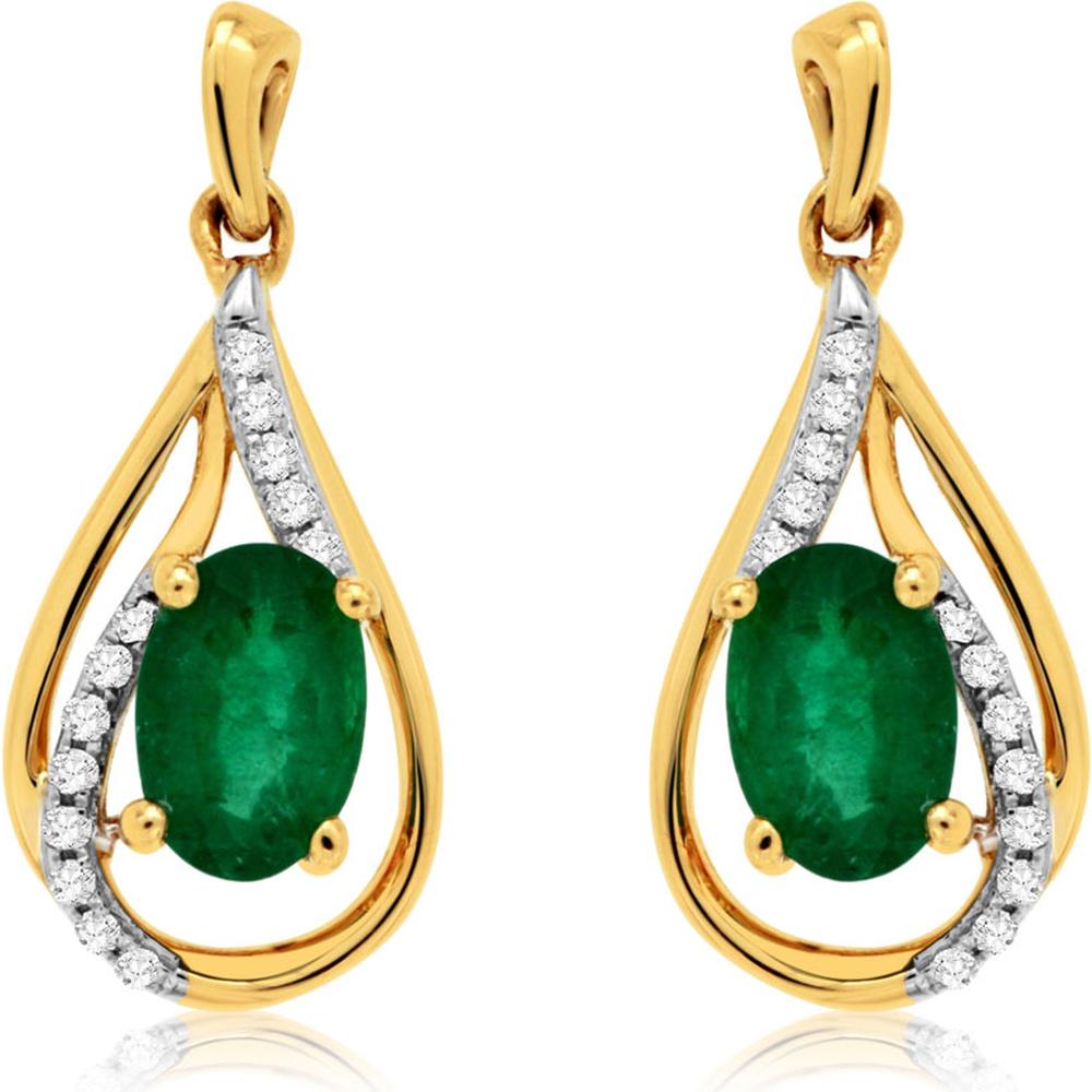 Royal 14K Yellow Gold Emerald & Diamond Earrings - 0.88 Carat Emerald, 0.10 Carat Diamond Total Weight