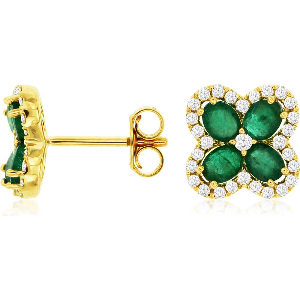 Royal 14K Yellow Gold Emerald & Diamond Earrings - 1.30 Carat Emerald, 0.35 Carat Total Diamond Weight