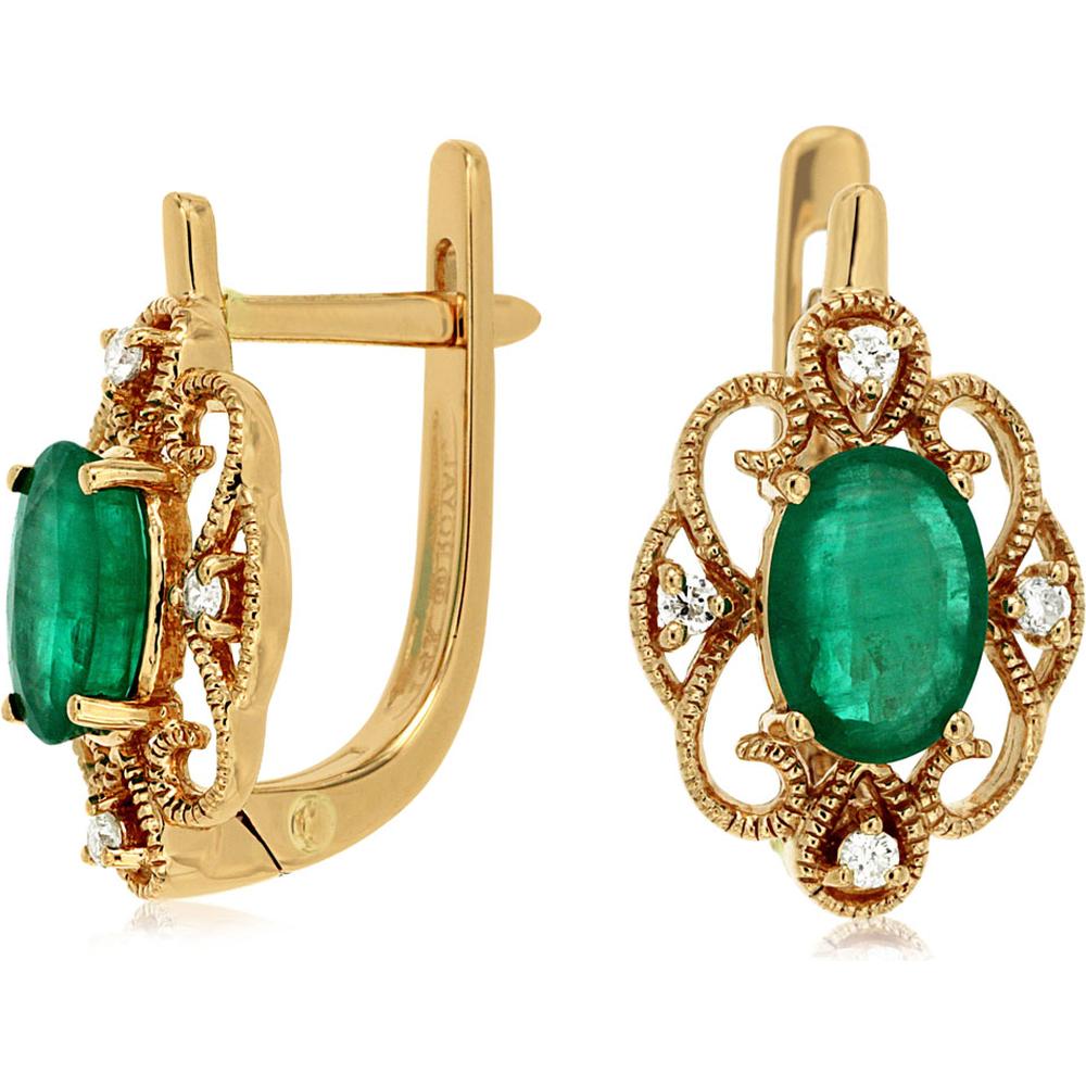 Royal 14K Yellow Gold Emerald and Diamond Earrings - 1.50 Carat Emerald, 0.08 Carat Diamond Total Weight