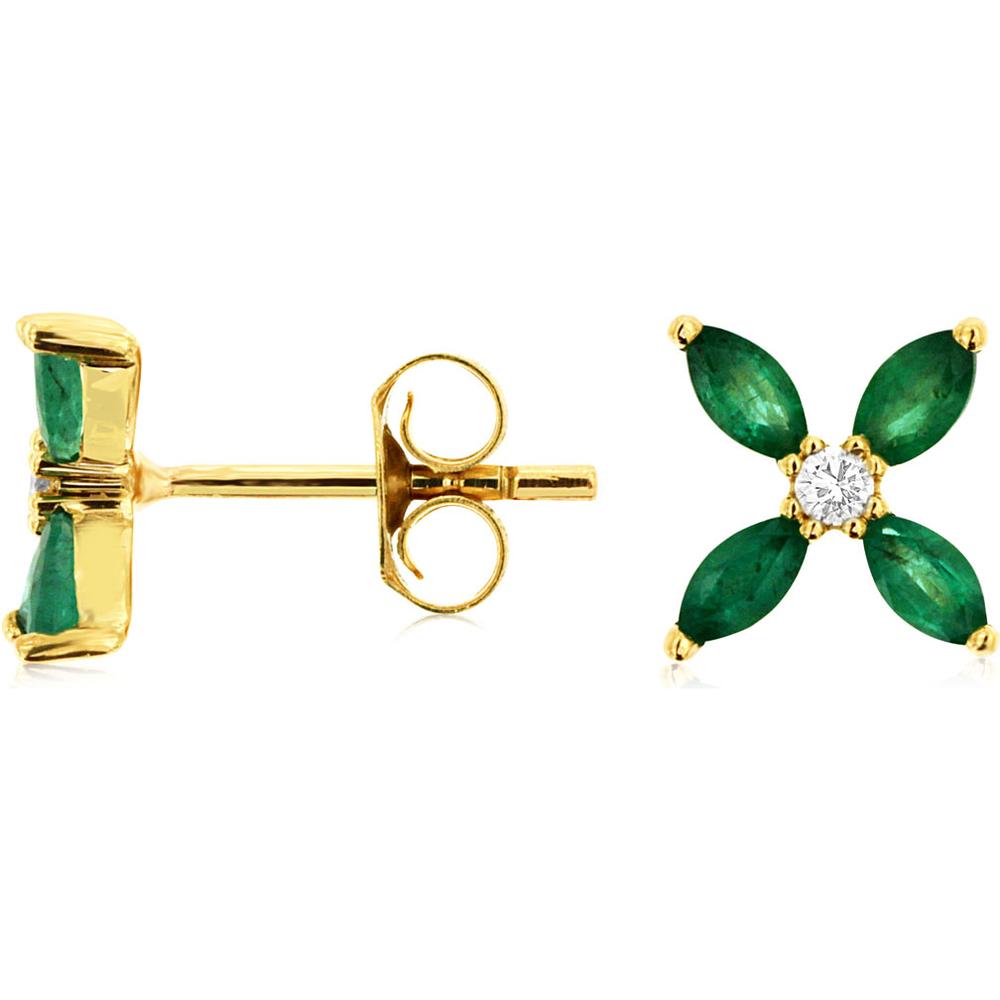 Royal 14K Yellow Gold Emerald & Diamond Floral Stud Earrings - 0.56 Carats Total Emerald Weight, 0.06 Carats Total Diamond Weight