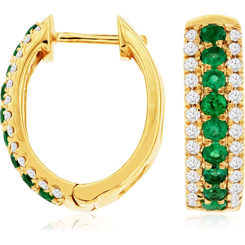 Royal 14K Yellow Gold Emerald and Diamond Halo Earrings - 0.40 Carat Emerald, 0.32 Carat Diamond Total Weight