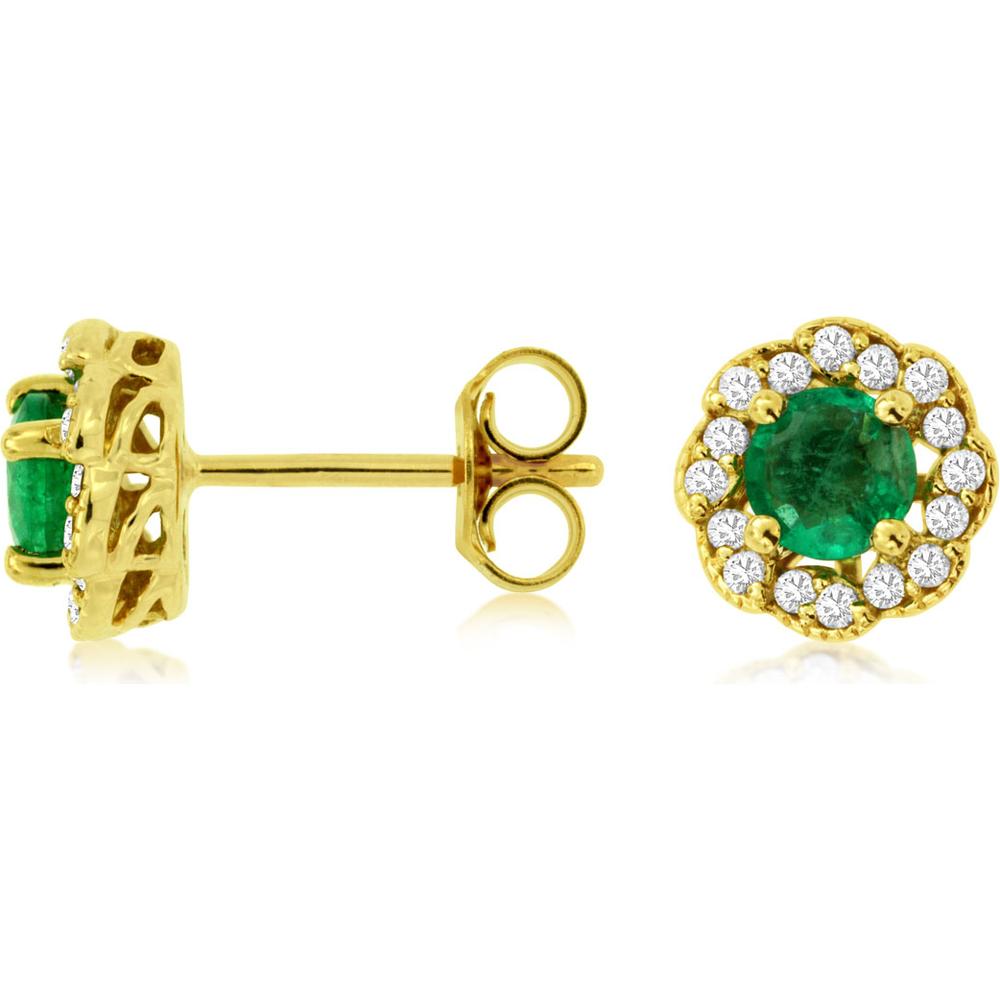Royal 14K Yellow Gold Emerald & Diamond Halo Earrings - 0.70 Carats Total Diamond Weight, 0.35 Carats Total Emerald Weight