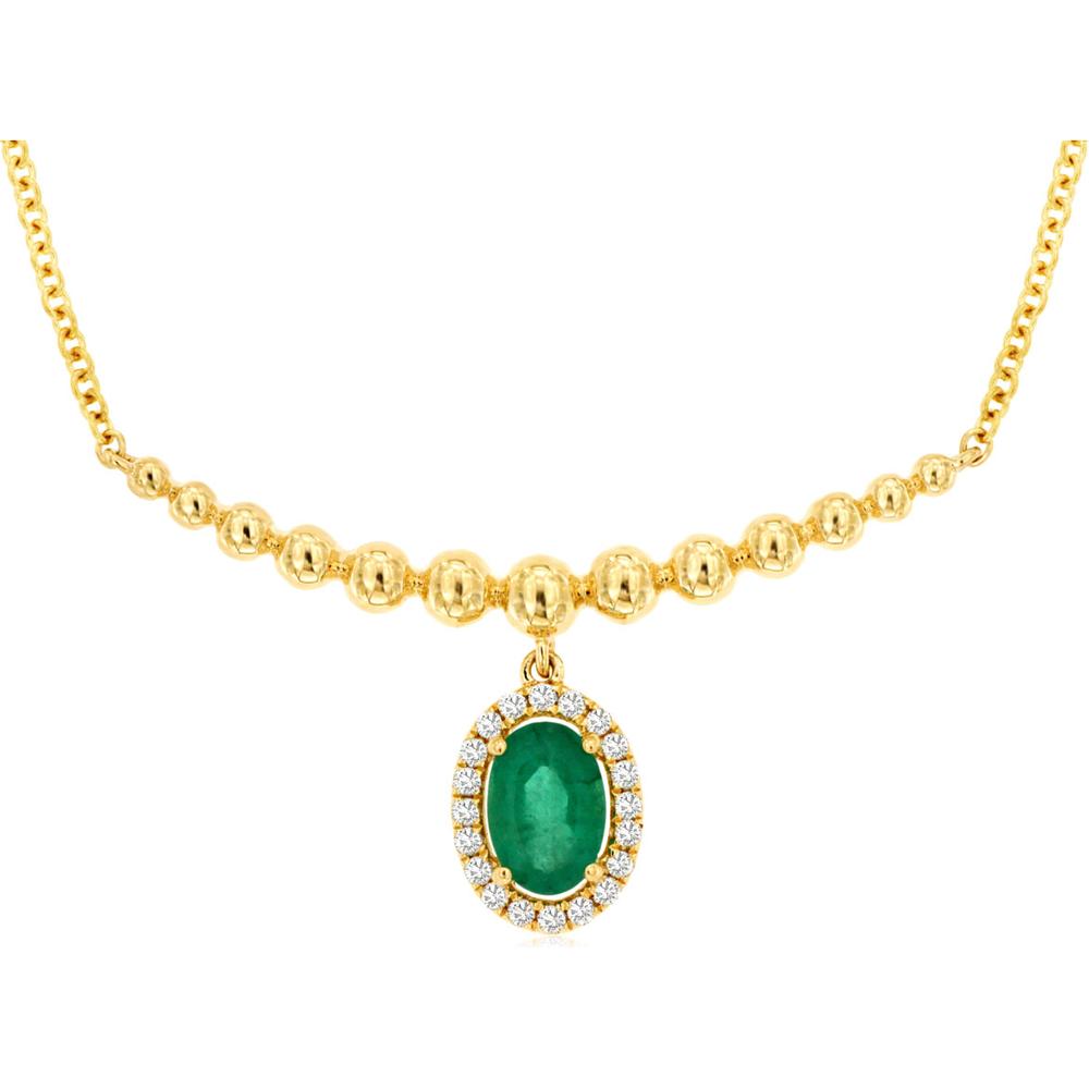 Royal 14K Yellow Gold Emerald & Diamond Halo Necklace - 0.53 Carats Total Carat Weight
