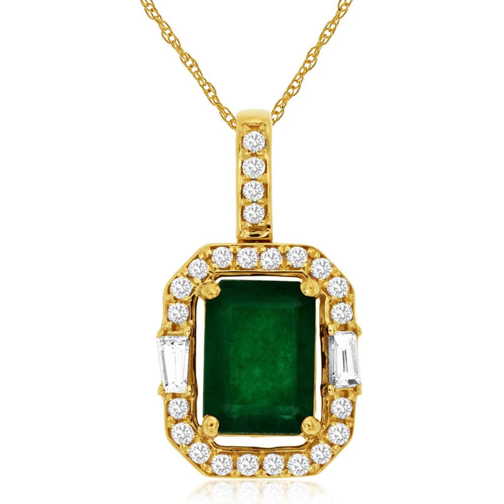 Royal 14K Yellow Gold Emerald & Diamond Halo Pendant - 1.60 Carat Emerald, 0.27 Carat Diamonds